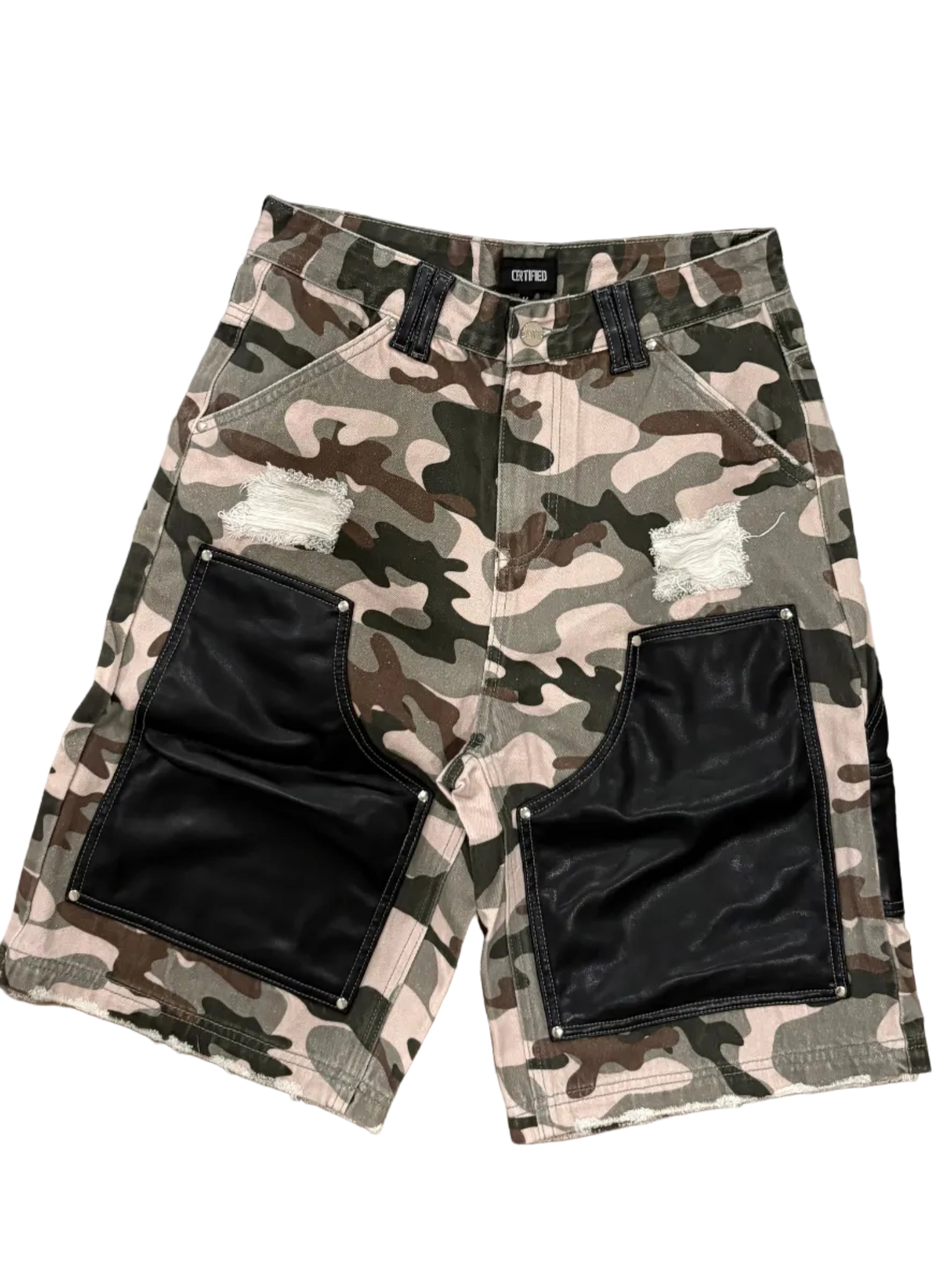 Camo leather shorts
